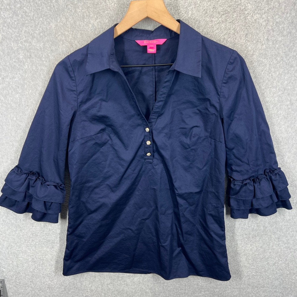 Lilly Pulitzer Blouse‎ Women XS Navy Blue Ruffle Sleeve V-Neck Cotton EUC